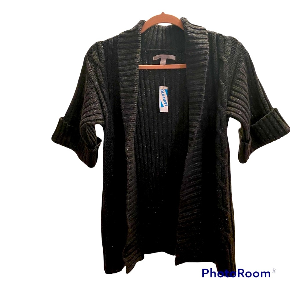 NWT BLACK W SILVER SHIMMER SHORT SLEEVE CHUNKY KNIT CARDIGAN SWEATER  ⭐️⭐️⭐️⭐️⭐️